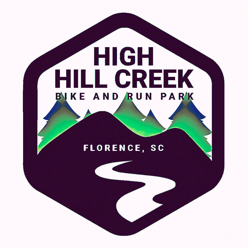 Logo for High Hill Creek Bike and Run Park in Florence, South Carolina, featuring mountains, trees, and a creek pathway.
