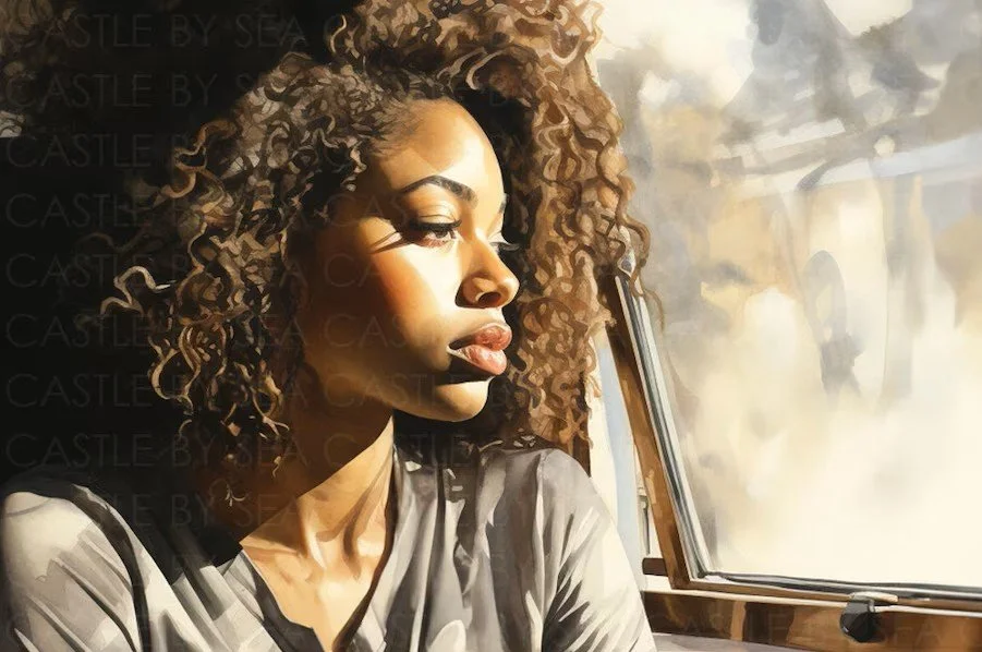 Pensive woman with curly hair gazes out of an airplane window during daytime.