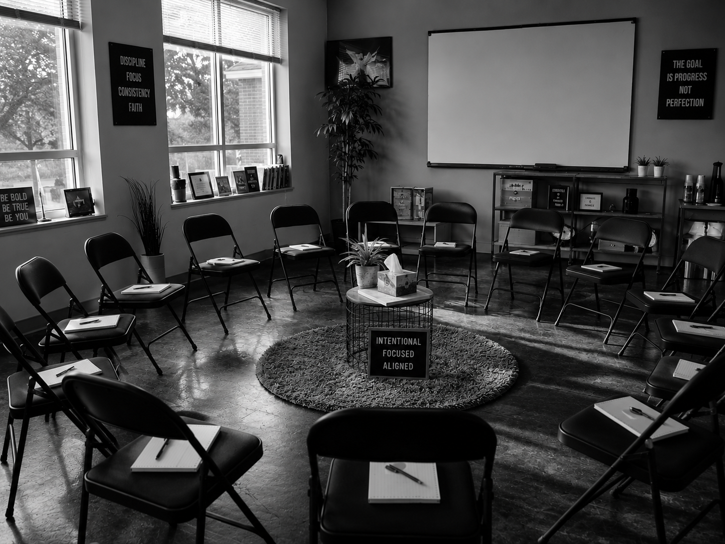 A classroom or meeting space with chairs arranged in a circle, each with a notebook and pen. There are two large windows on the left letting in light, and a whiteboard on the front wall. The room has motivational posters, plants, and books on shelves, with a small round table in the center holding a potted plant and tissue box. The space is decorated with minimalist motivational signs on the walls.