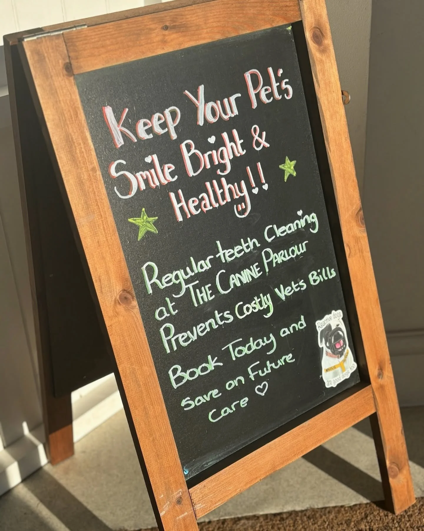 A wooden-framed chalkboard sign with colorful writing promoting pet dental care, featuring a cartoon image of a happy dog and encouraging pet owners to keep their pets' teeth bright and healthy.