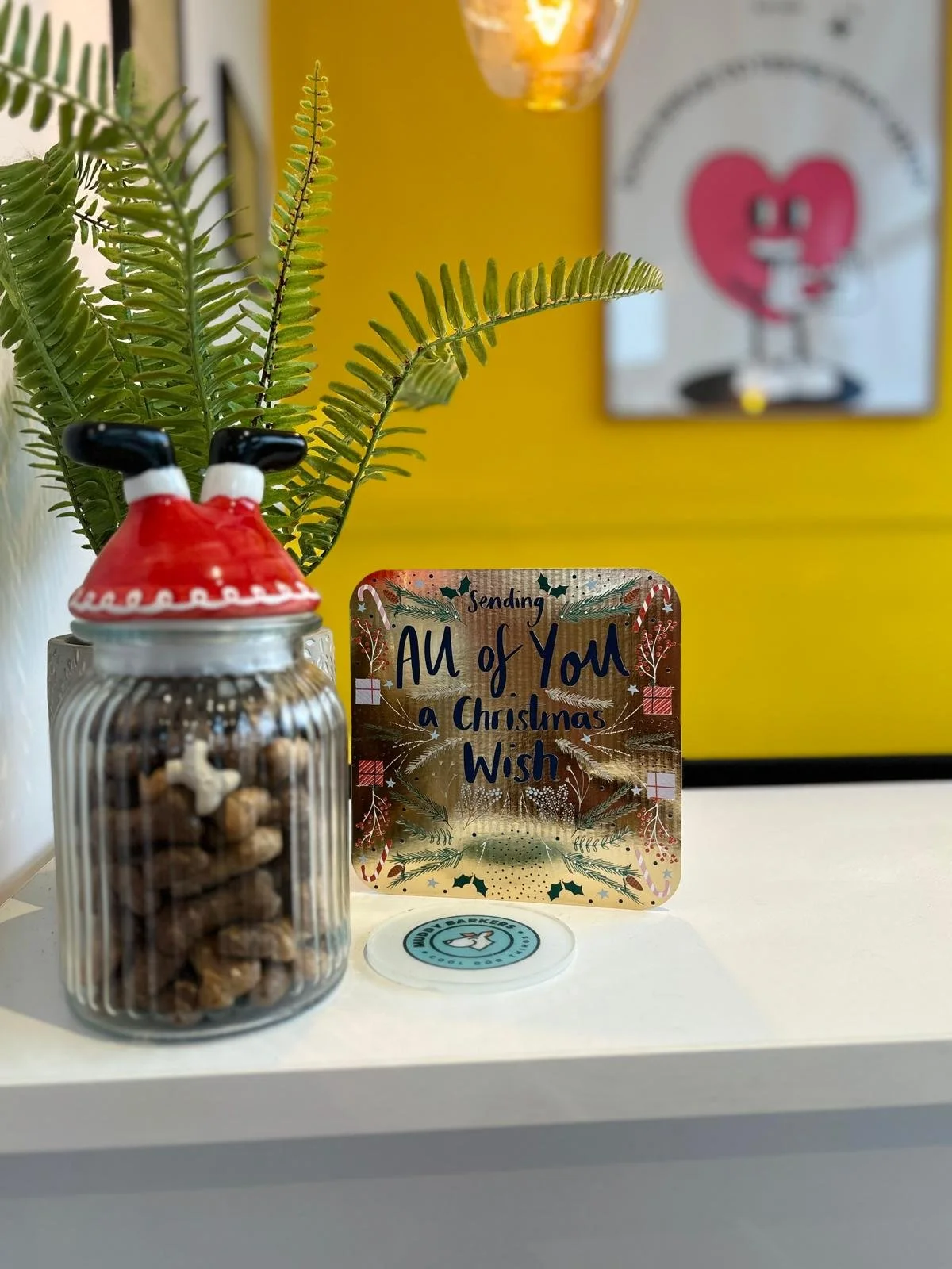 A holiday scene with a glass jar filled with cereal and a small Santa Claus hat on top, a green fern plant, a decorative sign that reads "Sending All of You a Christmas Wish," and a blurred framed picture of a red heart with a face in the background.