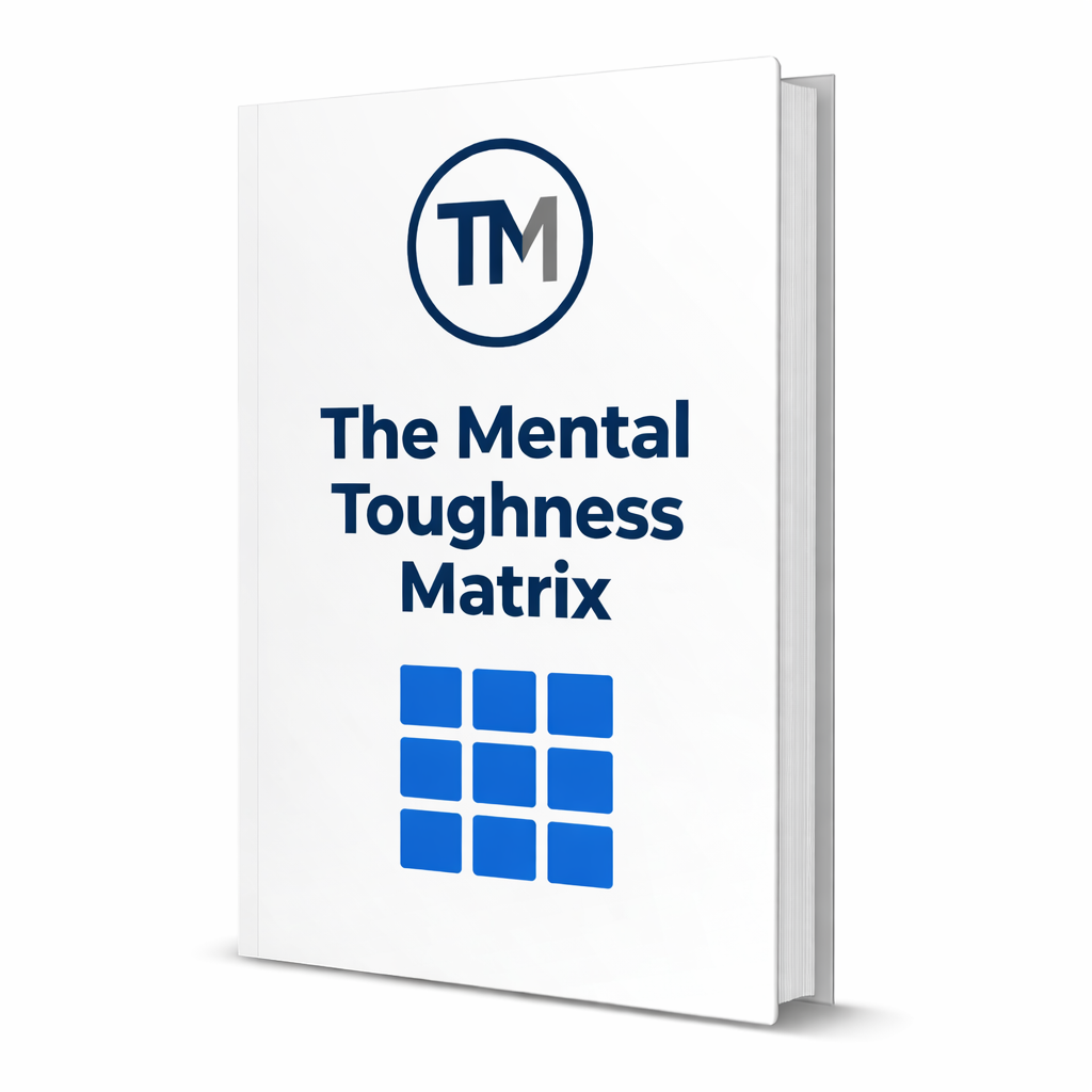 A book titled "The Mental Toughness Matrix" with a logo featuring a circle with the initials "TM" and a grid of nine blue squares on the cover.