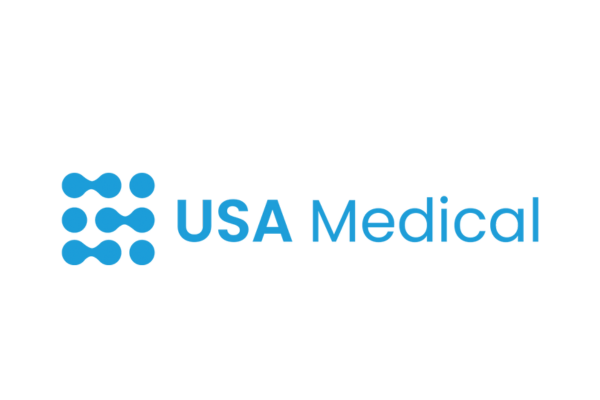 USA Medical logo with blue dots and text on a black background.