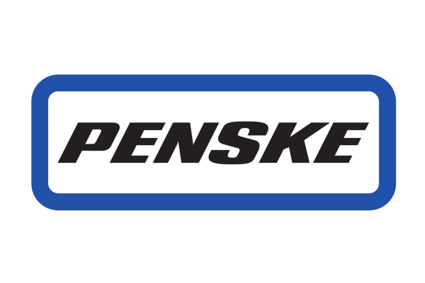 Penske logo with black text inside a white rectangle, bordered with blue, on a black background.