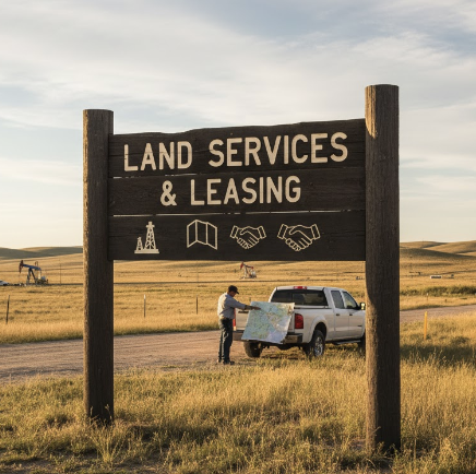 A large wooden sign reading 'Land Services & Leasing' with icons of a building, handshake, and handshake. In the background, a person is looking at a map next to a white truck in a rural area with open fields and a clear sky.