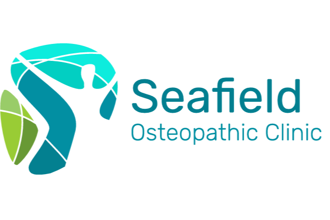 Logo of Seafield Osteopathic Clinic, featuring a stylized human figure, a globe, and green leaves.