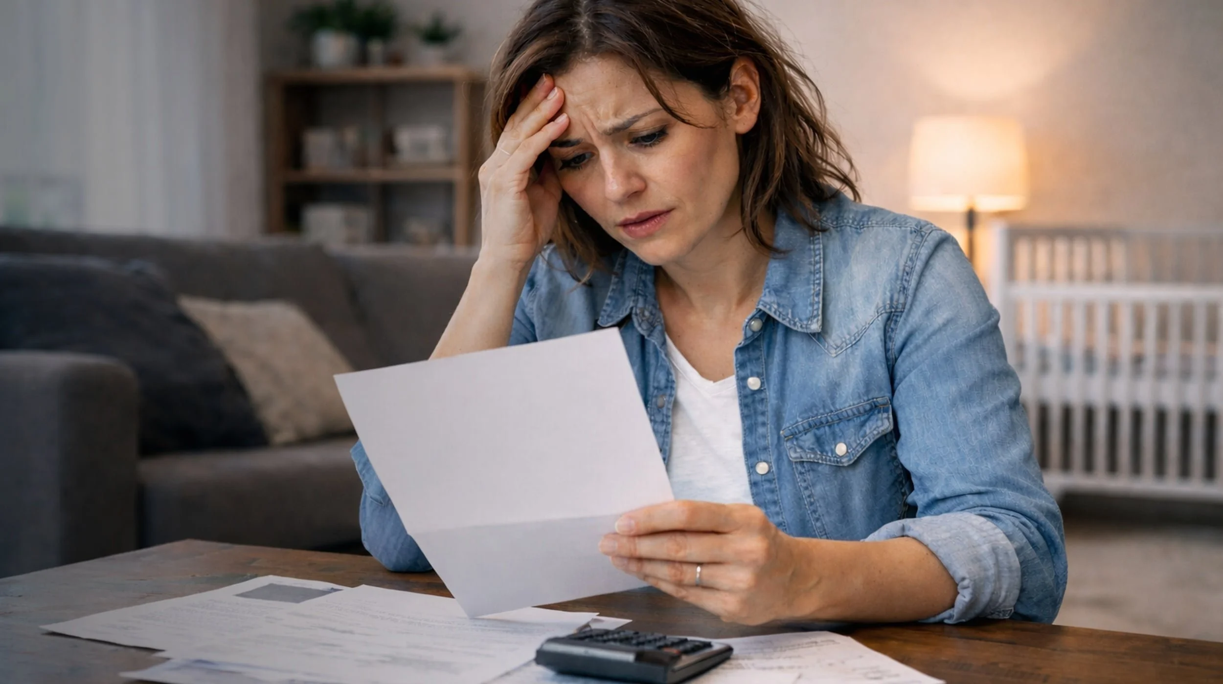 A woman looks stressed while reading a document at a table with bills, a calculator, and papers in front of her.