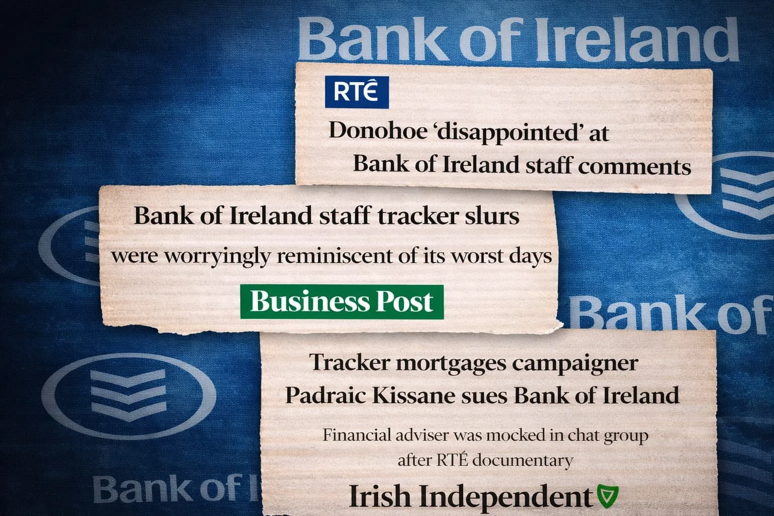 Three newspaper headlines about Bank of Ireland staff tracker comments and lawsuits, shown on a blue background with Bank of Ireland logos.