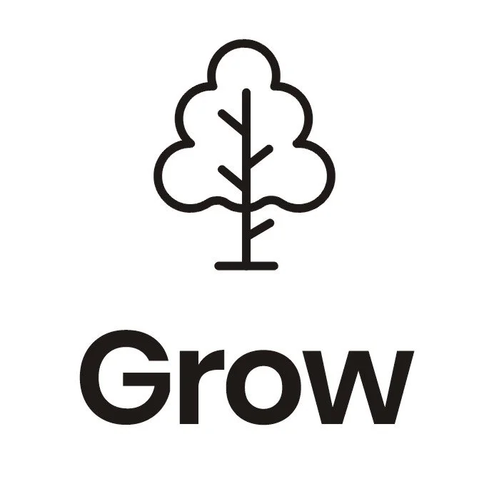 Minimalist line drawing of a tree with the word 'Grow' below it.