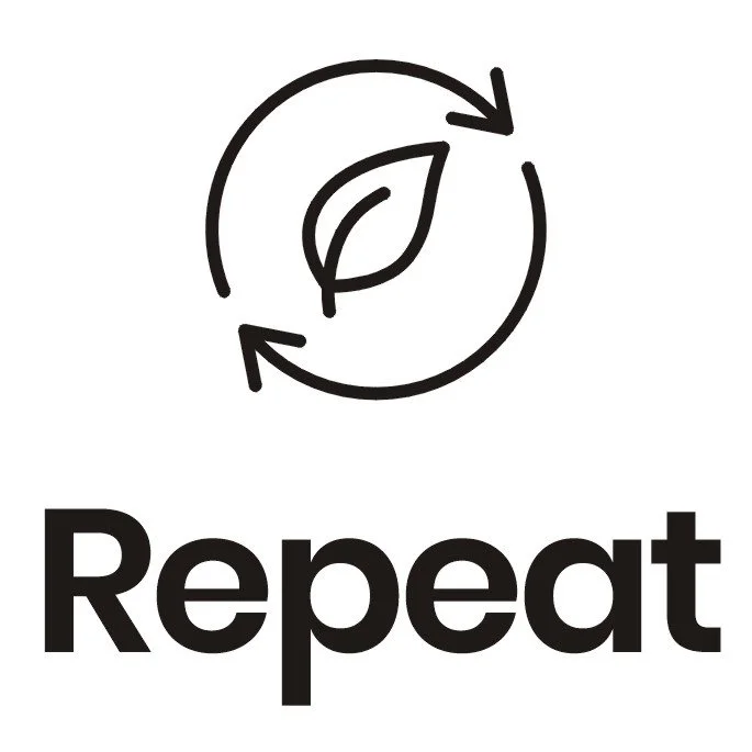 A logo featuring a circular arrow surrounding a leaf, with the word "Repeat" written below in bold black font.