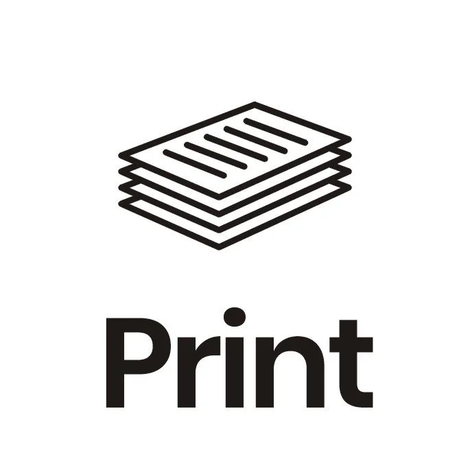 Black and white icon of multiple stacked sheets of paper with the word "Print" underneath.