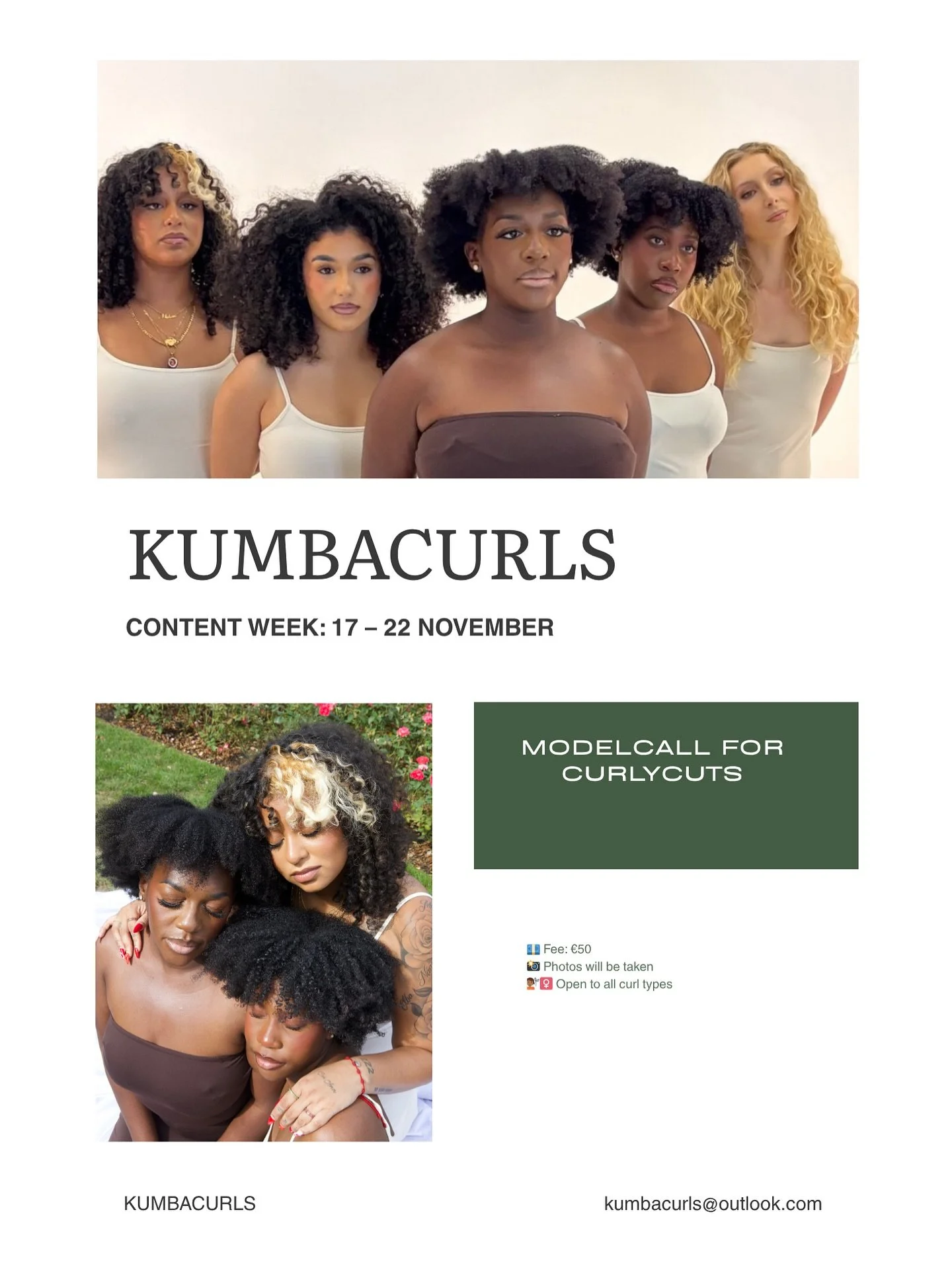 Can&rsquo;t wait to meet new faces 🌿

De KumbaCurls model call is now open! ✨

Ik ben op zoek naar dames voor content te maken 

💶 &euro;50
📸 Er worden foto&rsquo;s gemaakt
💇🏾&zwj;♀️ Voor natuurlijk krulhaar

DM @kumbacurls to apply 🤍