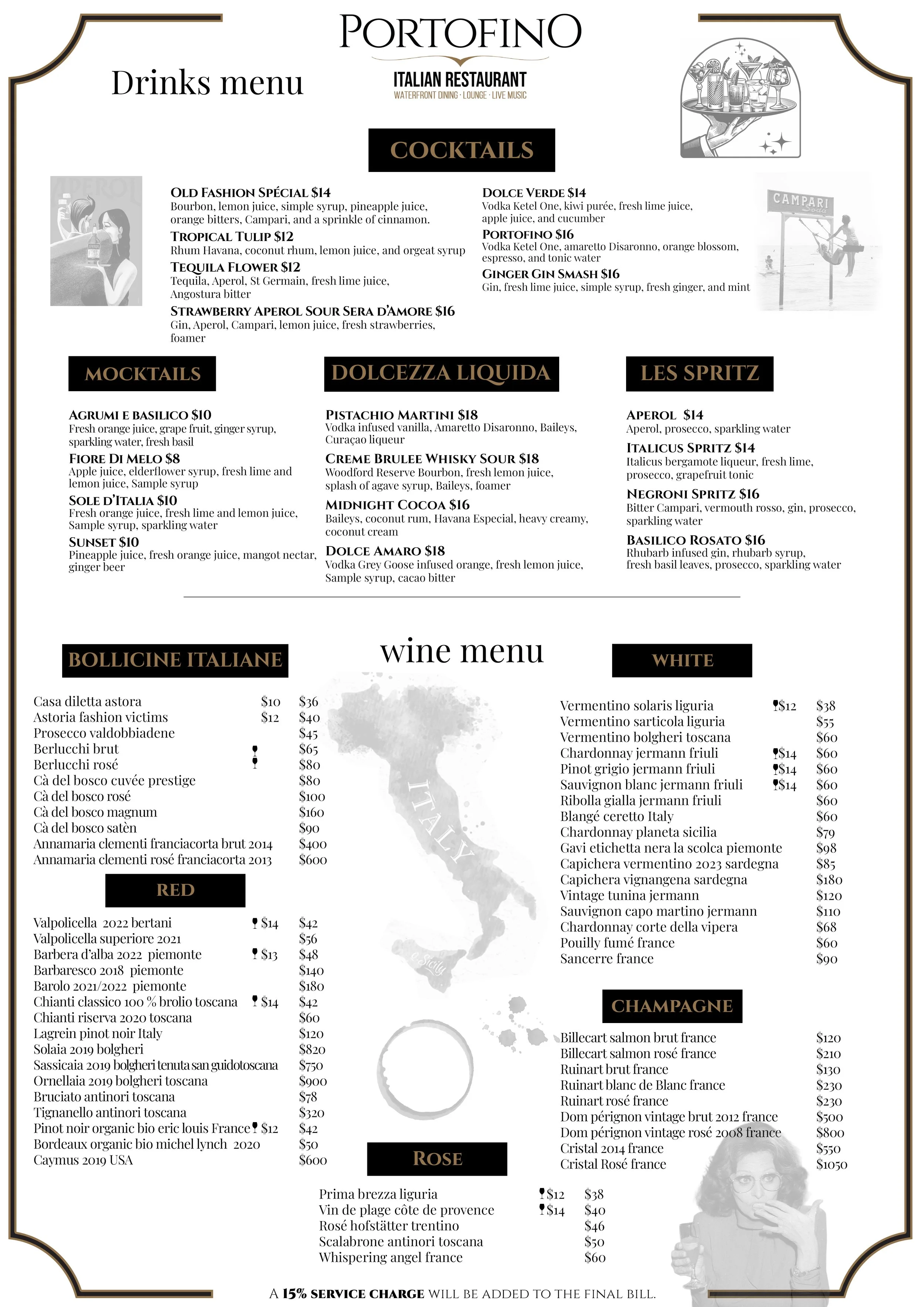 Drinks menu of Portofino Italian restaurant with sections for cocktails, wine, champagne, and rosé. Includes various drinks and prices.