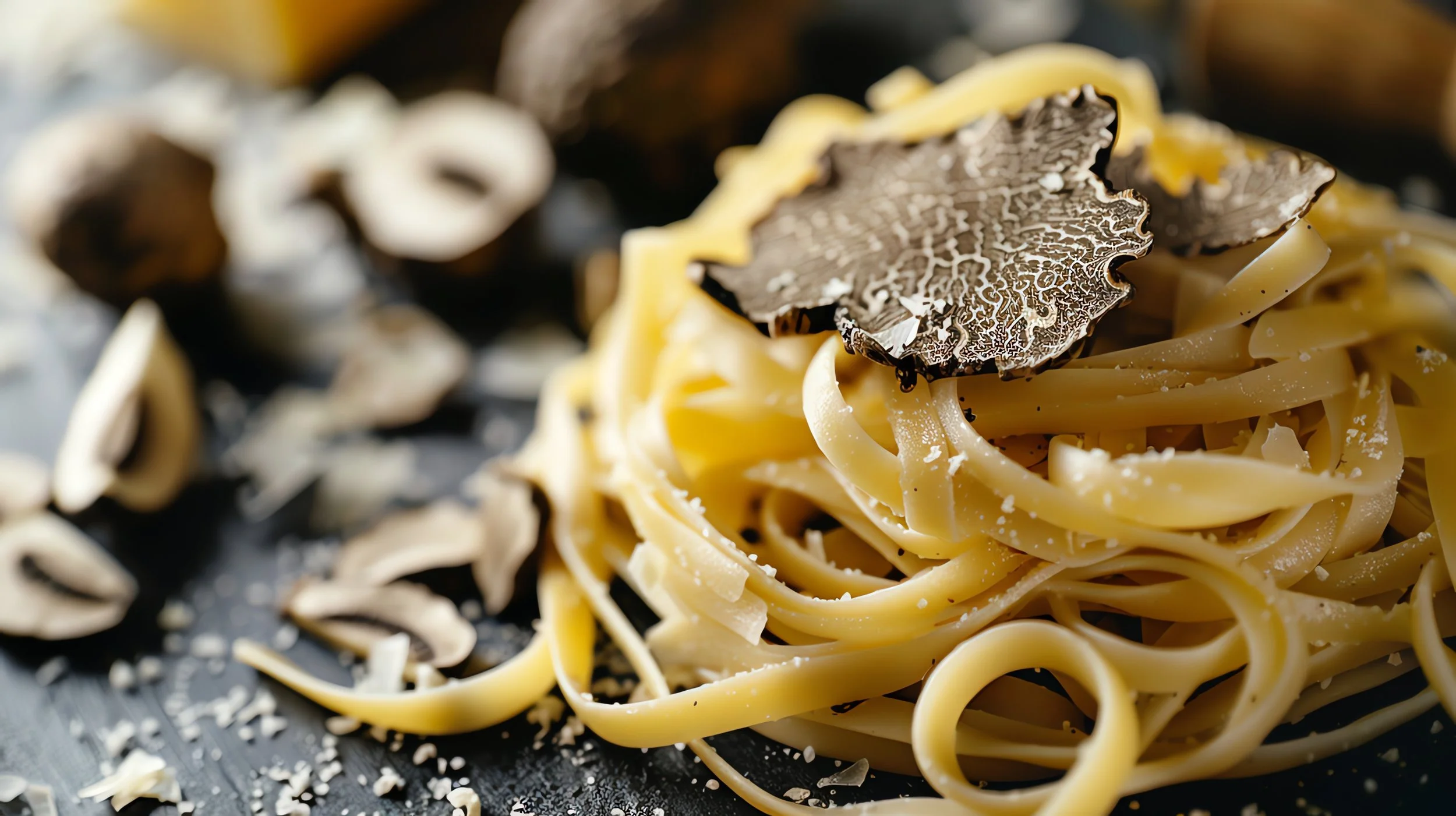 Fettuccine pasta topped with black truffle slices, with additional sliced mushrooms and grated cheese around it.