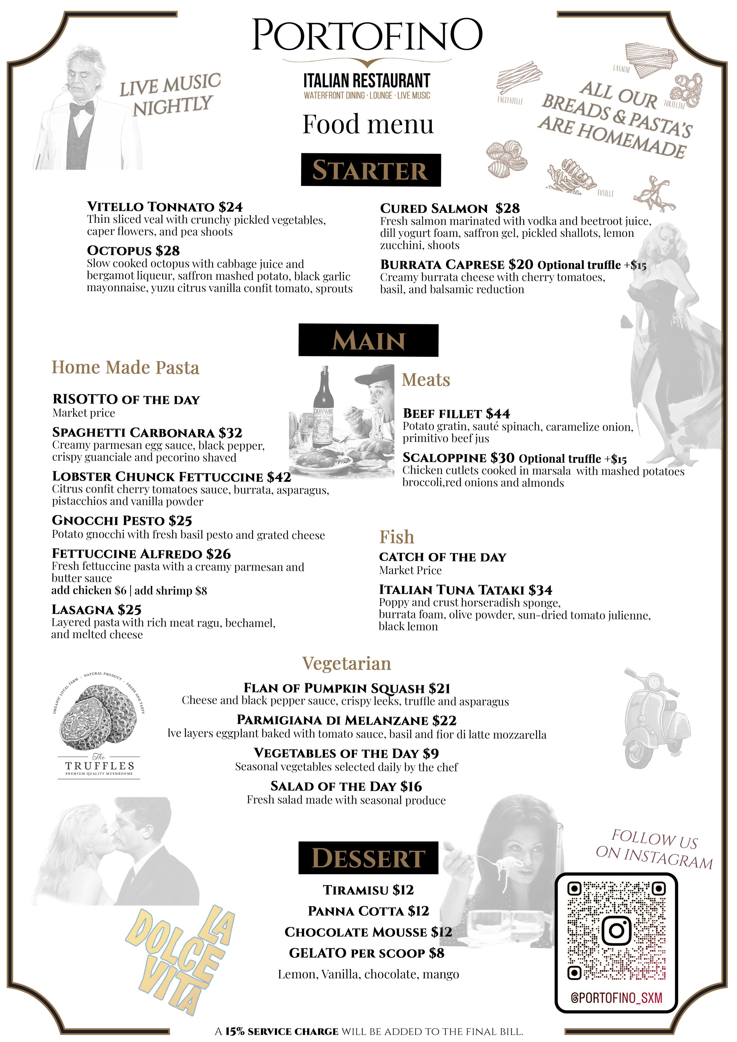 The menu from Portofino Italian restaurant featuring sections for starters, main courses, vegetarian options, and desserts, with prices and descriptions, along with illustrations of food items, a picture of a man, and a QR code for Instagram.