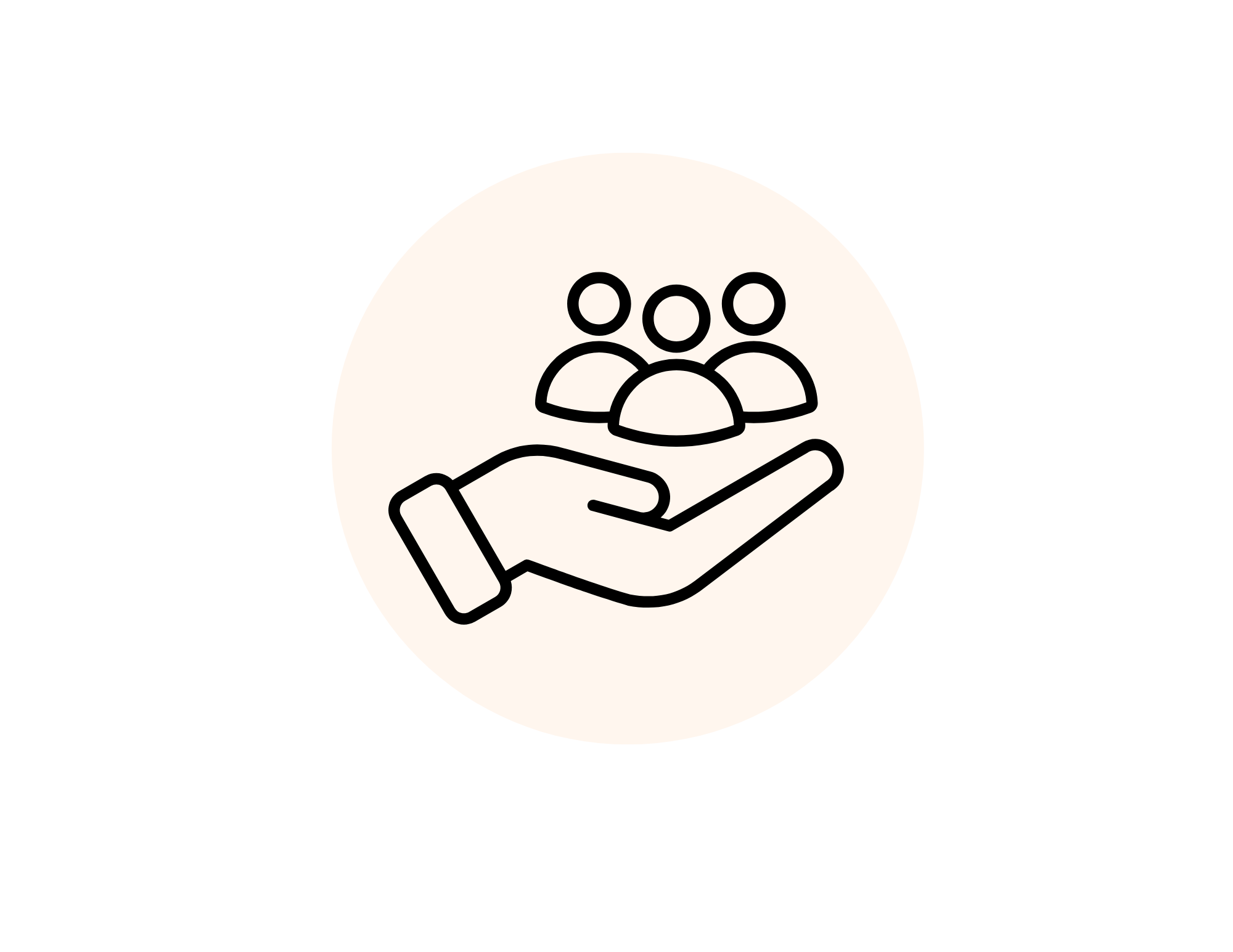 An icon of a hand holding a group of three people, symbolizing support and community.