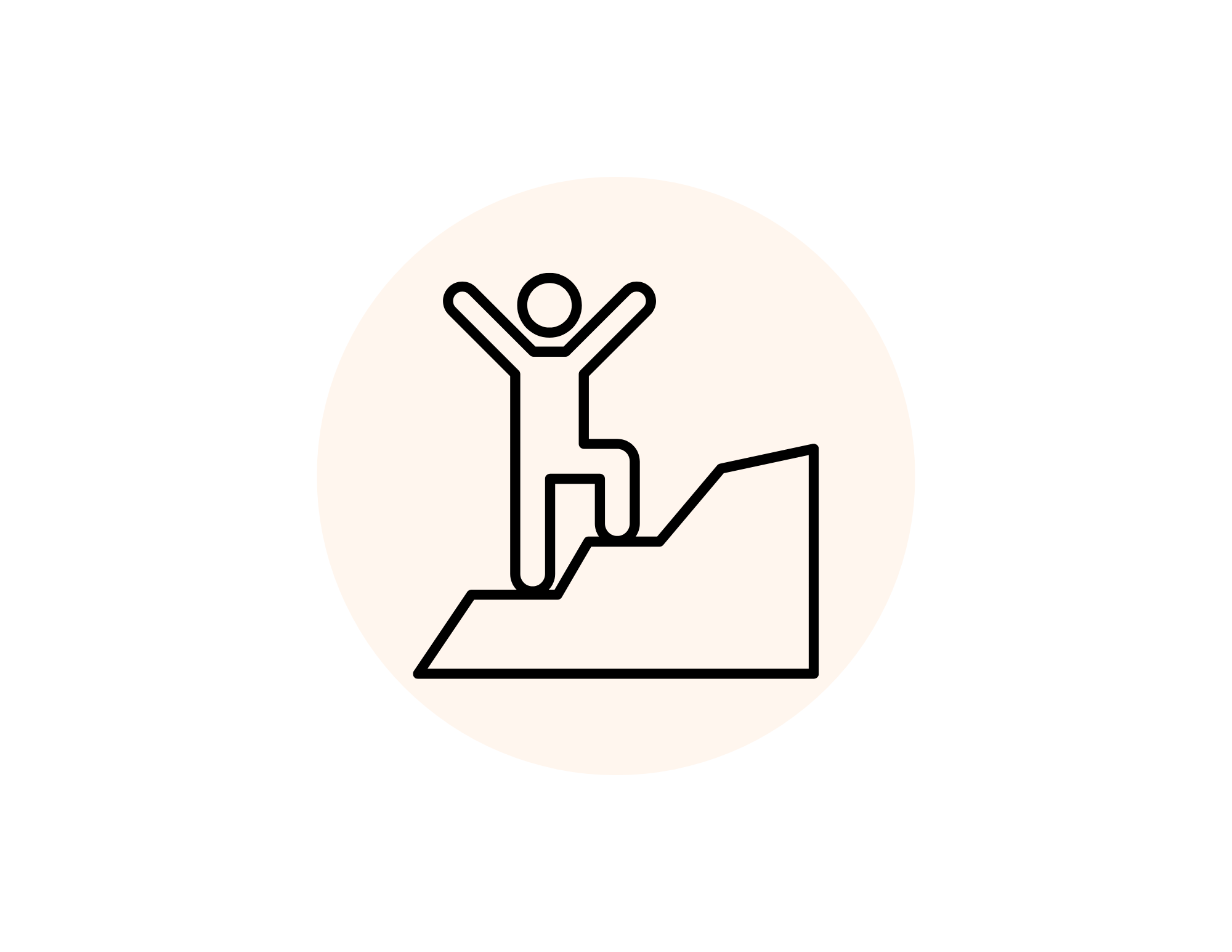Simple line drawing of a person climbing stairs with arms raised in show of proud success.