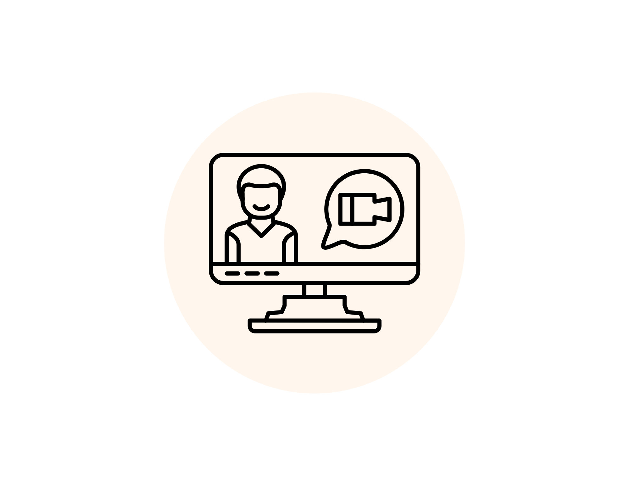 Line drawing of a person on a computer screen with a speech bubble containing a video camera icon, representing a virtual video call or online communication.