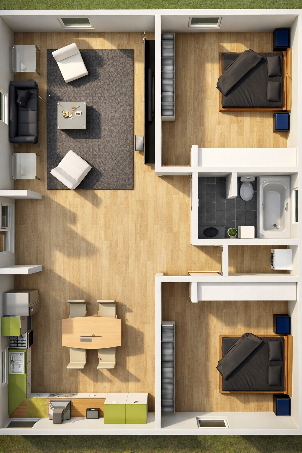 Top-down view of a modern apartment with a living room, two bedrooms, a bathroom, a kitchen, and a dining area with a table and four chairs.