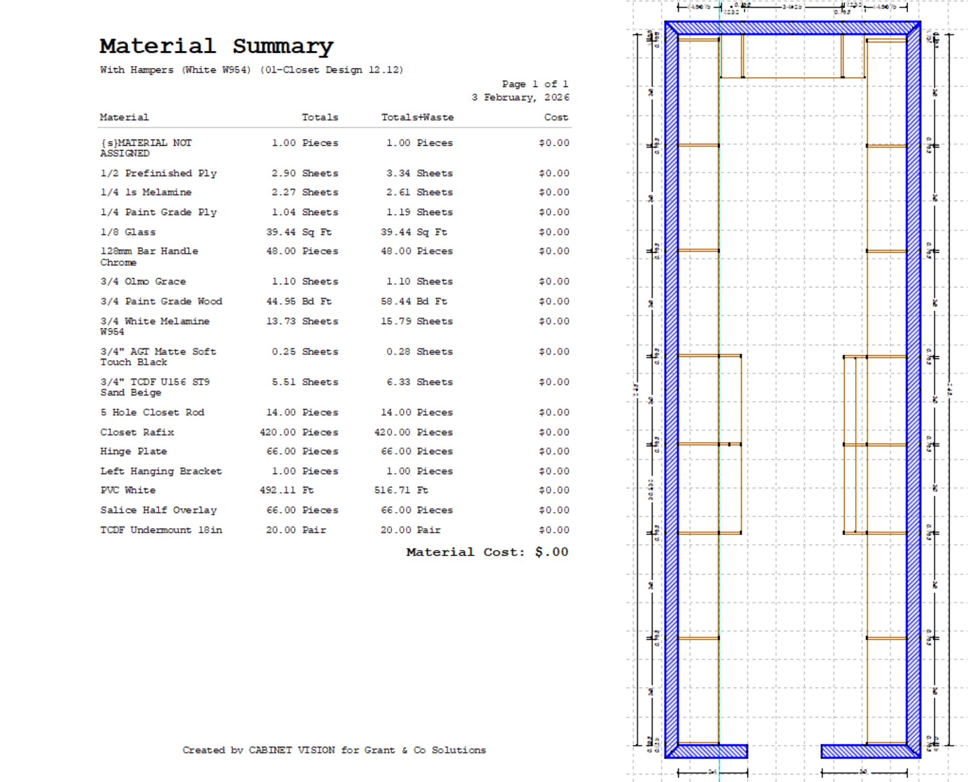 Cabinet Vision Floor plan view and part list.