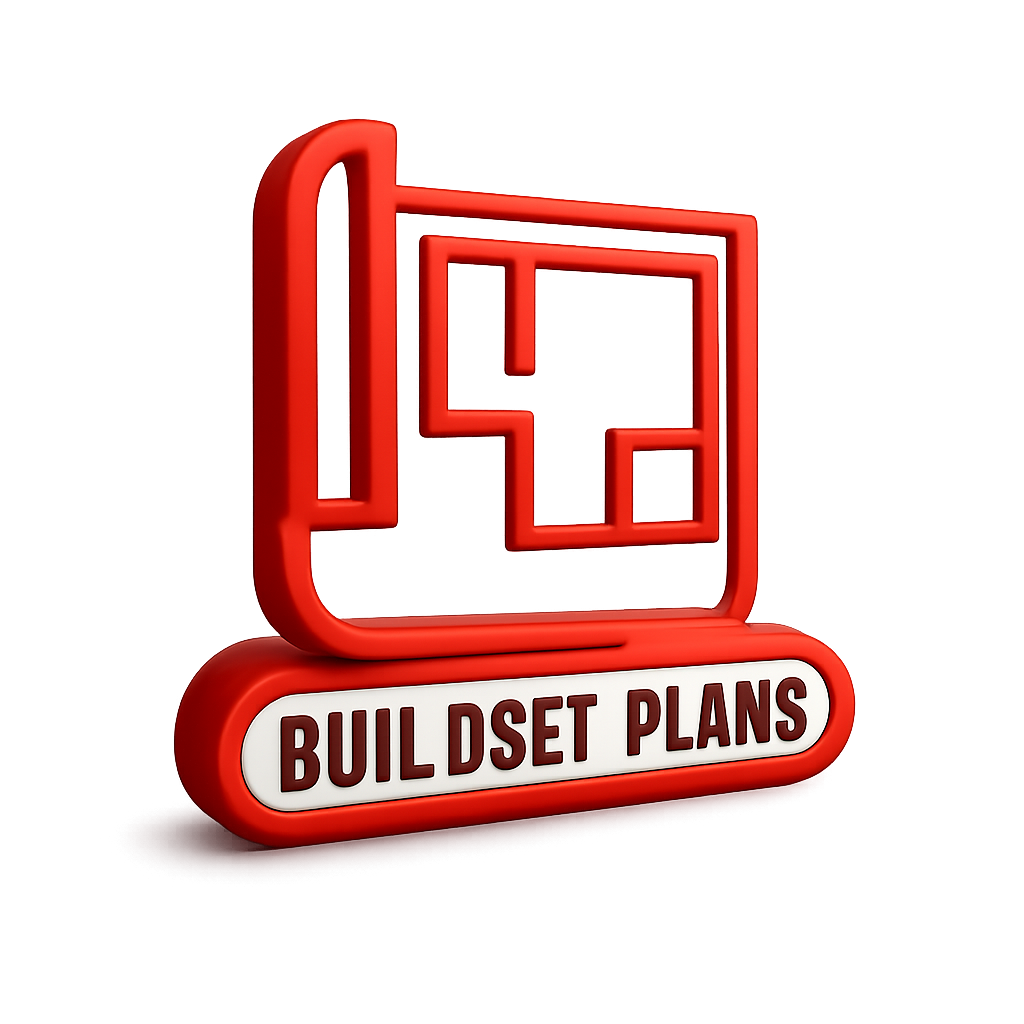 Red 3D icon with a floor plan diagram and the text 'BUILD SET PLANS' in white and red.