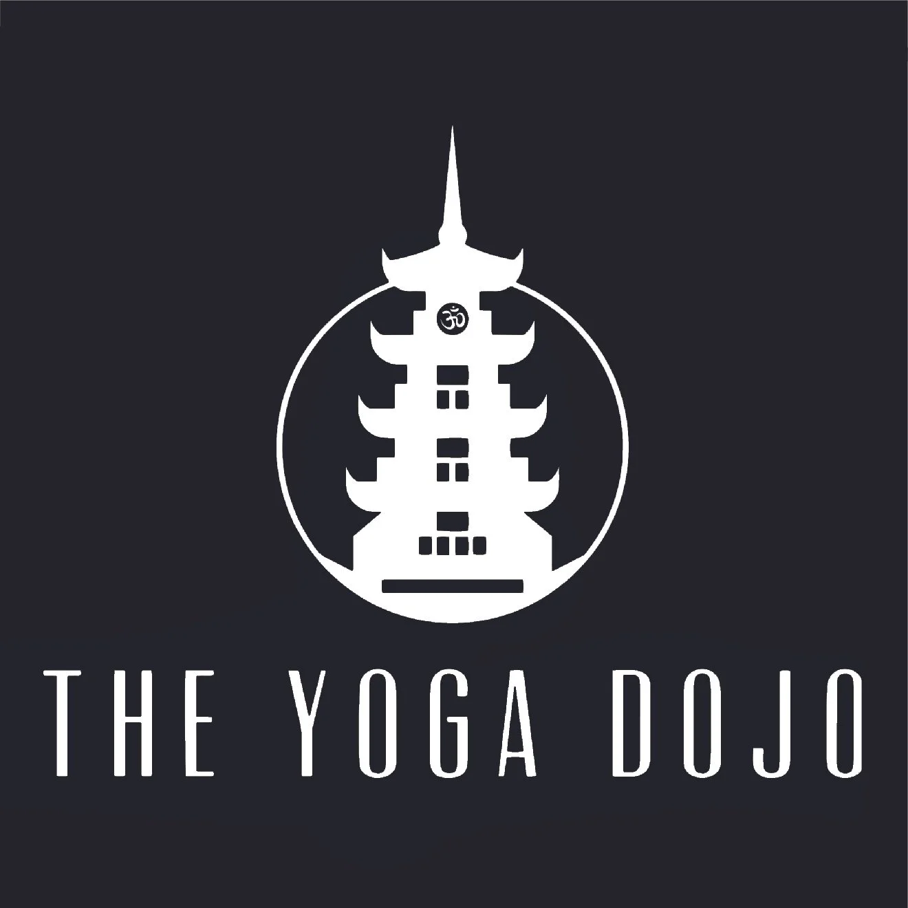 A logo featuring a stylized white pagoda inside a circle, with a small Om symbol on the pagoda, and the text "THE YOGA DOJO" written in white capital letters underneath. The background is dark gray.