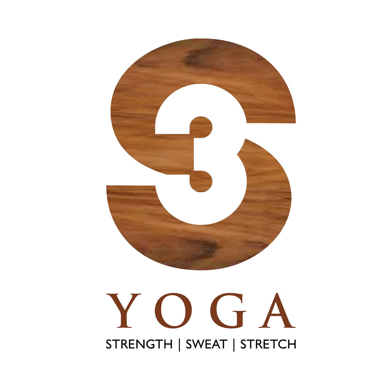 A wooden numeral three logo with the words "YOGA" below it and the tagline "STRENGTH | SWEAT | STRETCH" underneath.