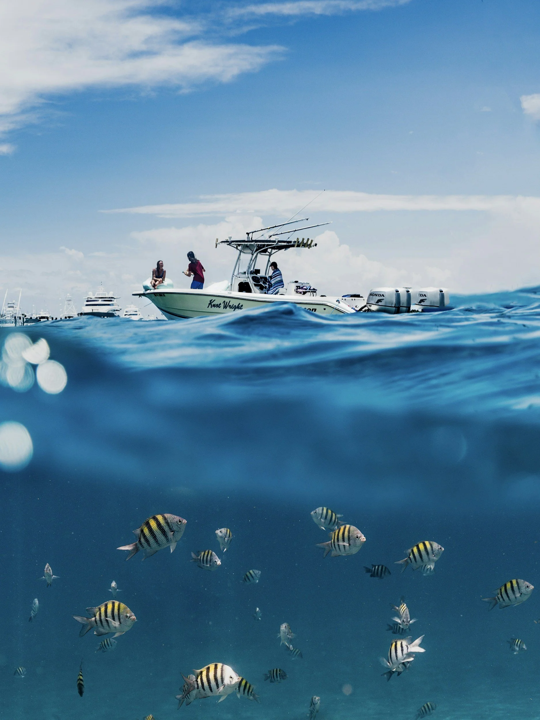 A boat with three people on it floating on the water, with colorful fish swimming beneath the surface, showing a split view of above and below the water.