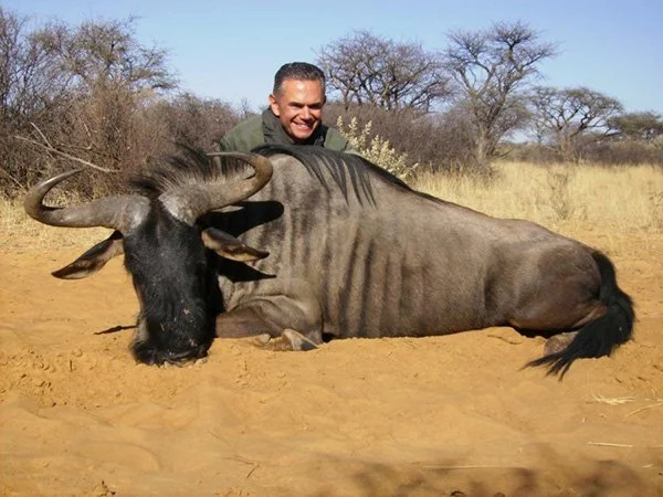 A man smiling and kneeling behind a large, deceased wildebeest lying on the ground in a dry, savannah landscape.