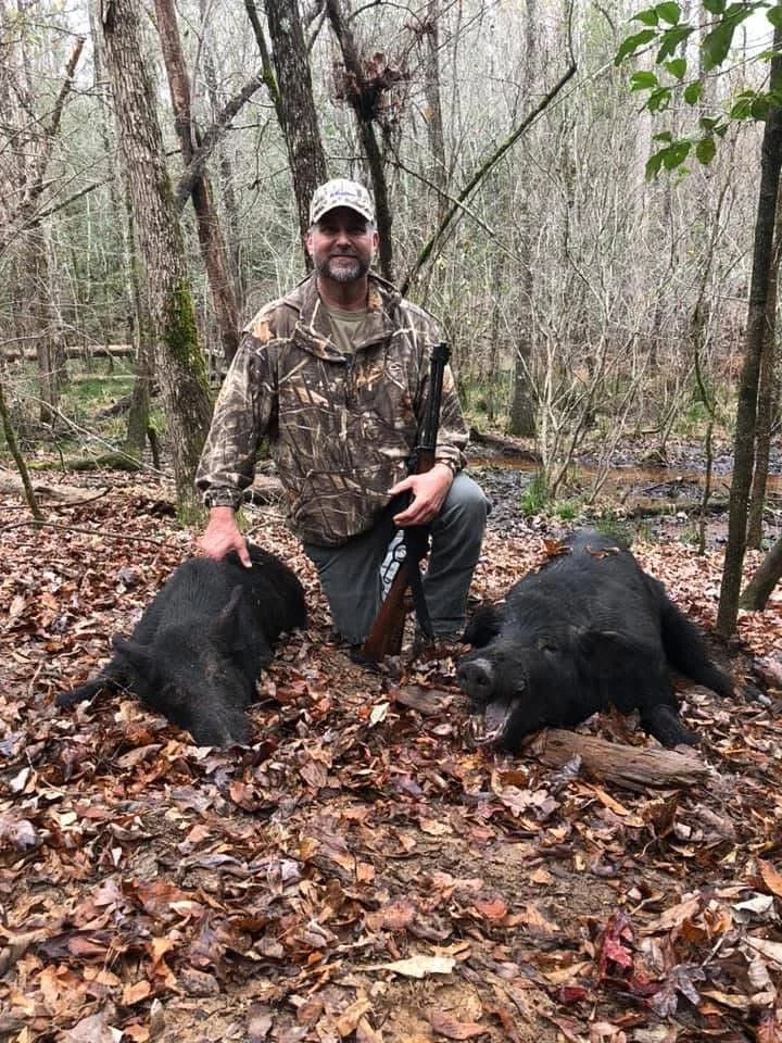 A man in camouflage clothing kneels in a wooded area holding a rifle, with two deceased wild boars covered in mud lying on the ground.