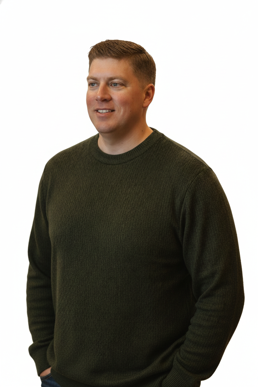 A man with short brown hair wearing a dark green sweater, standing against a white background.