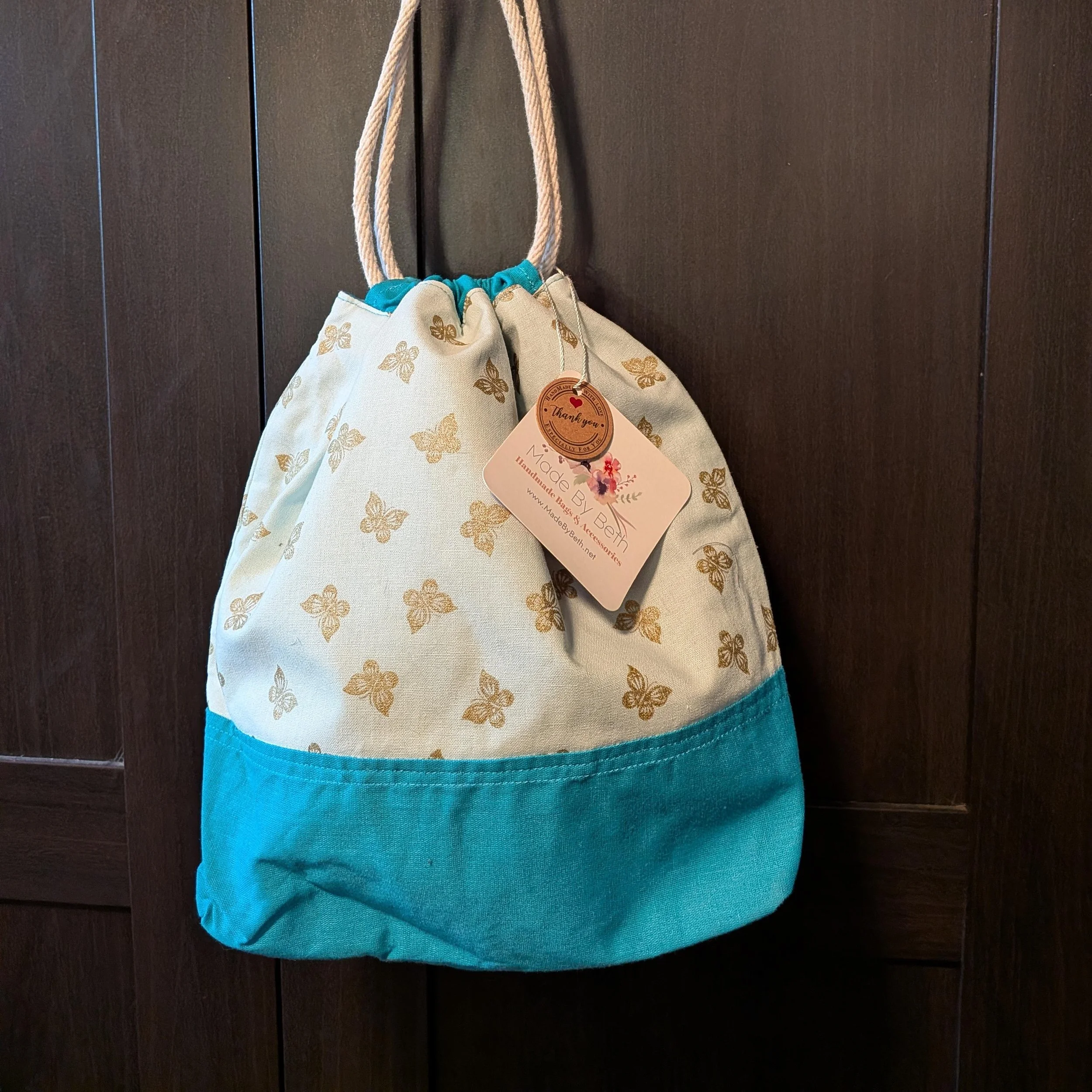 Drawstring Bag Mint Green with Butterflies