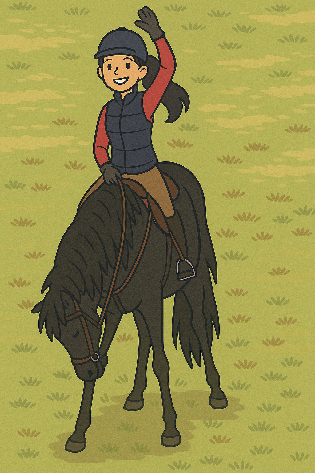 A cartoon girl riding a black horse on a grassy field, waving with one hand, wearing a helmet, a red long-sleeve shirt, a sleeveless vest, brown riding pants, and gloves.