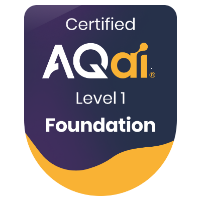 AQdi Certified Level 1 Foundation badge with purple and orange design.