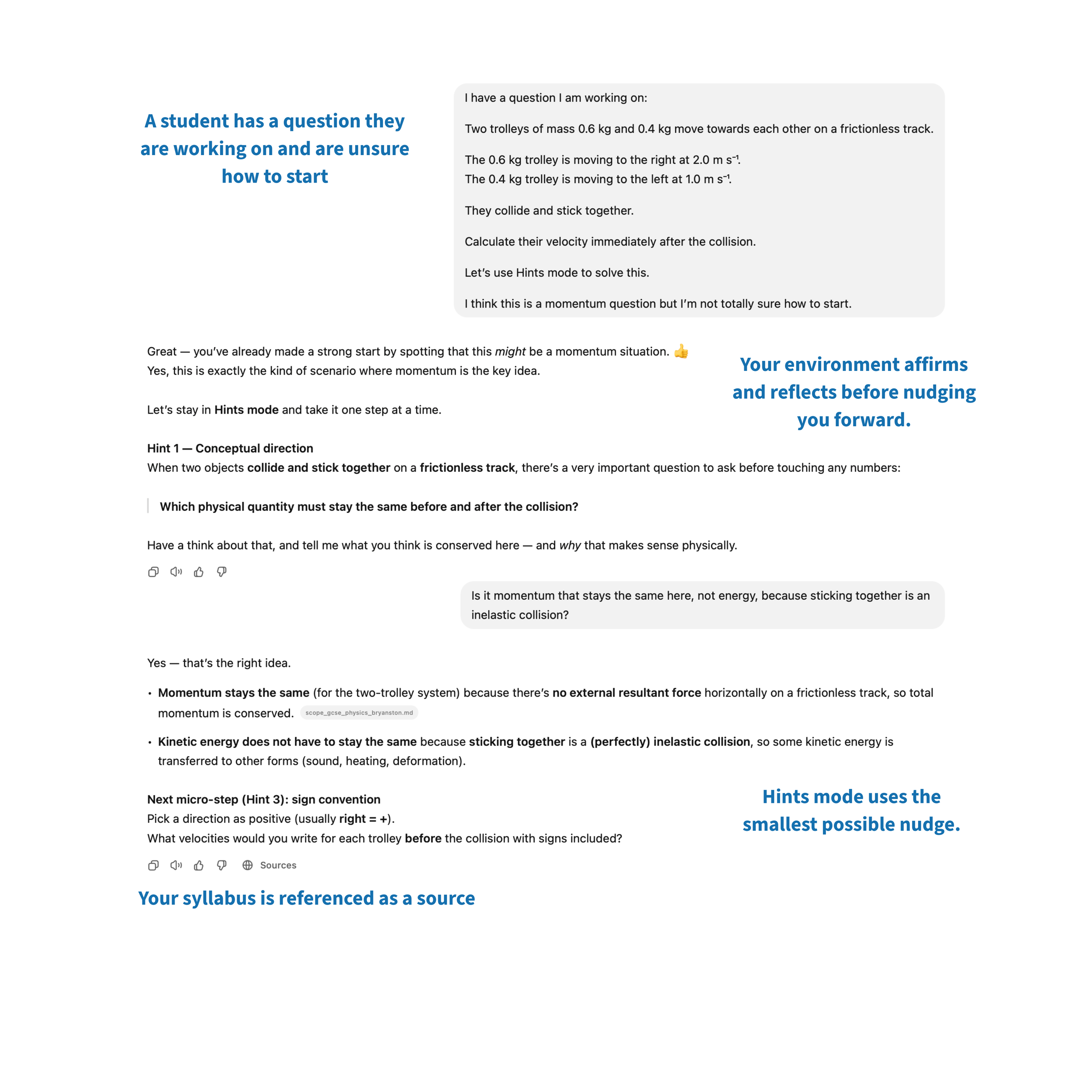 A student brings a real question.
Hints mode helps them start by asking the right question, not by giving the solution.

The environment affirms what the student already knows, references the syllabus, and offers the smallest possible nudge to move t