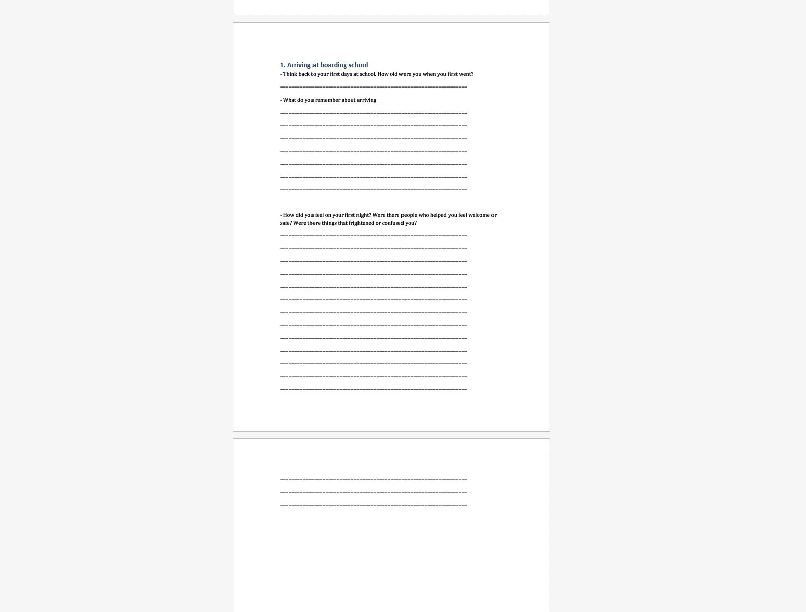 A printable worksheet with prompts for reflecting on first days at a boarding school, including spaces for writing about feelings, memories, and experiences.