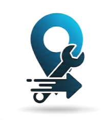 A logo with a stylized map pin, a wrench, and an arrow pointing right.