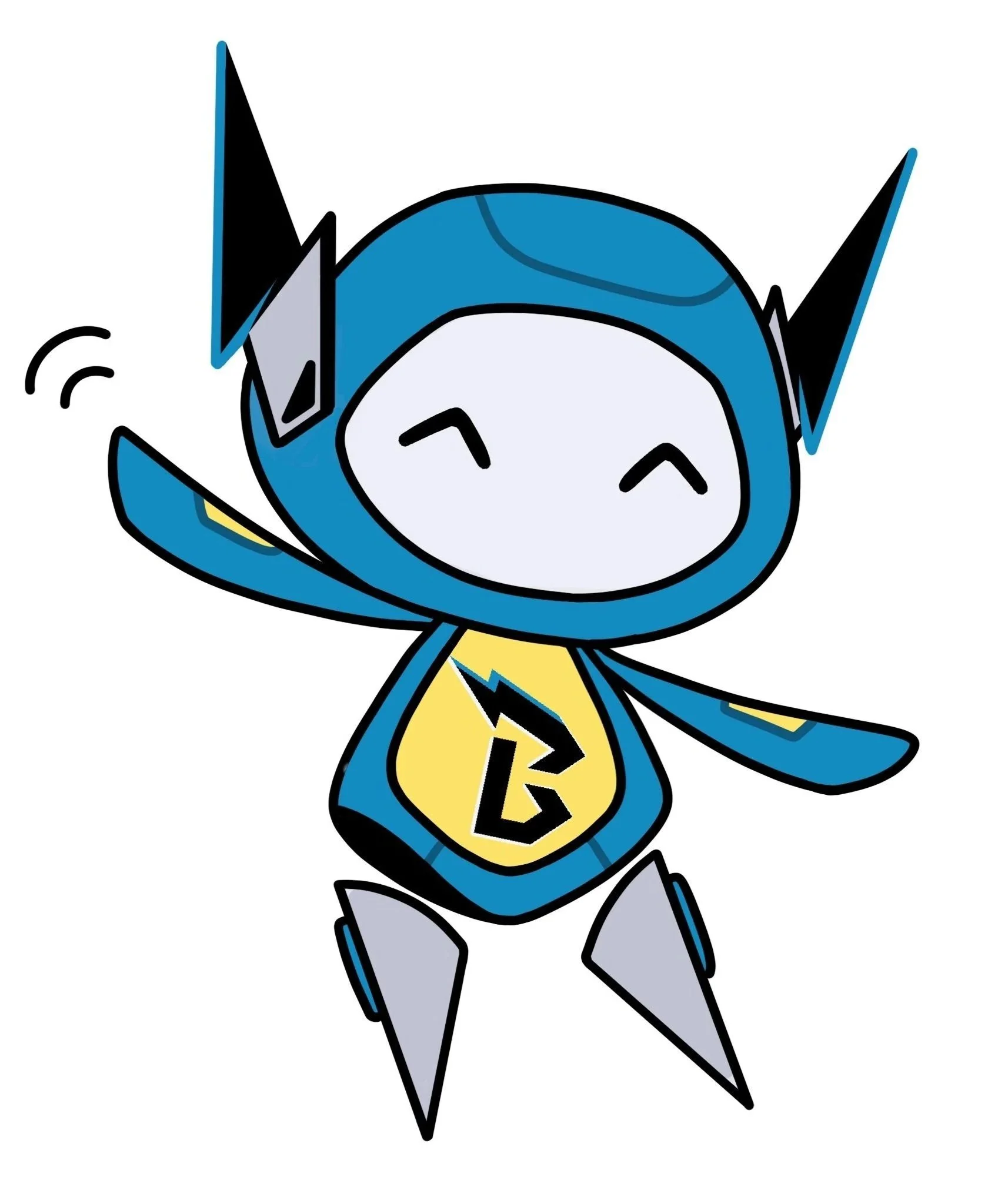A cartoon character dressed as a superhero in a blue and yellow costume, with a lightning bolt emblem on the chest, smiling and waving.