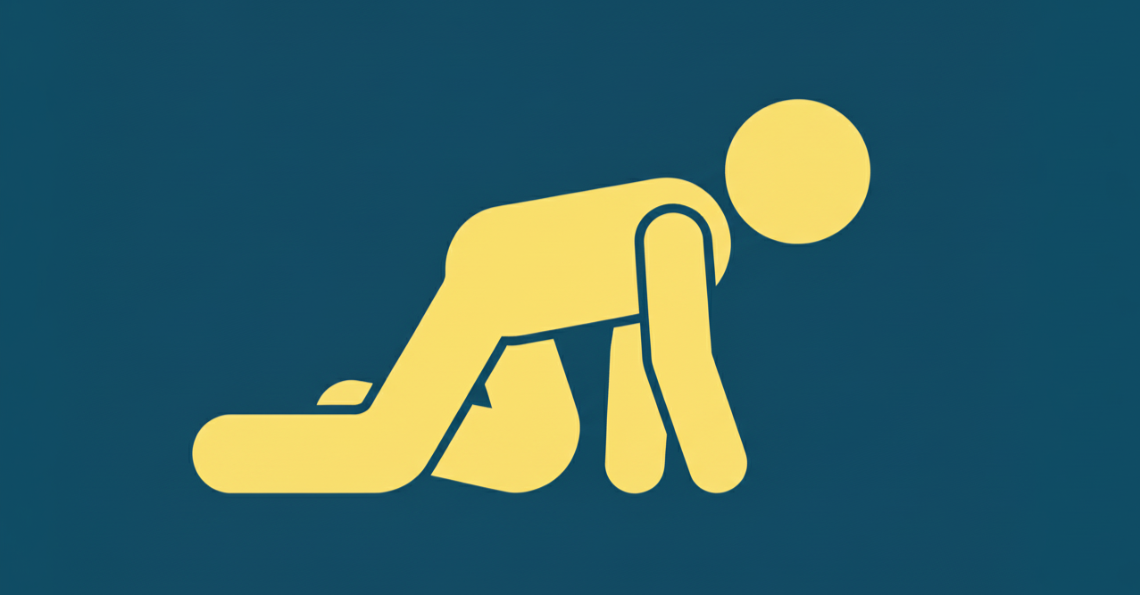 Illustration of a person in a crawling position with one knee and both hands on the ground.