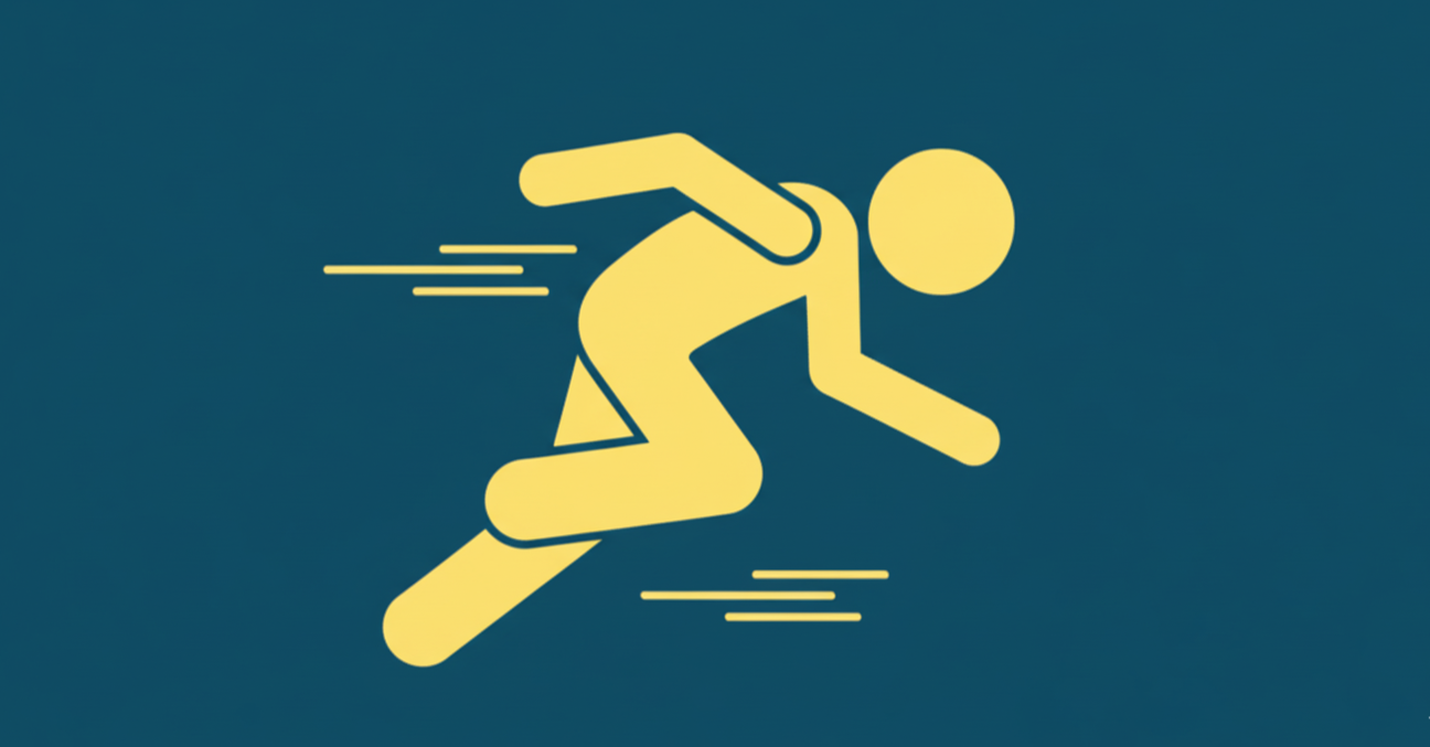 Stylized yellow icon of a person running, with motion lines indicating speed, on a dark blue background.