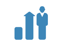 A blue icon of a person standing next to a bar chart with an upward arrow.