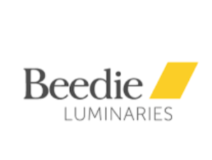 Beedie Luminaries logo with black text and a yellow geometric shape on a white background.