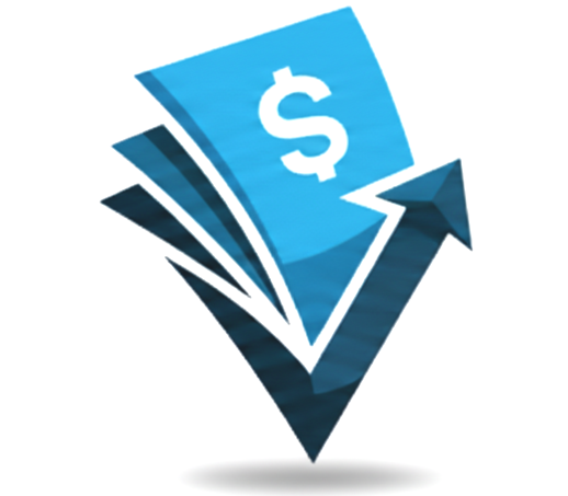 Blue financial chart with dollar sign and upward arrow.