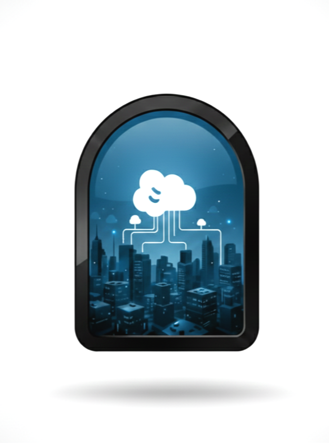 Illustration of a cloud connected to city buildings with lines, seen through an arched window.