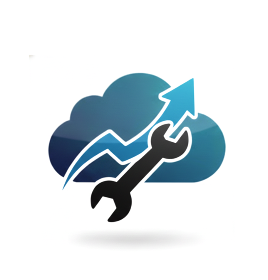 Cloud icon with an upward trending arrow and a wrench, symbolizing cloud technology support or improvement.