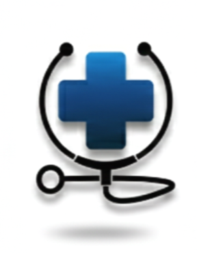 A blue medical cross with a stethoscope encircling it.