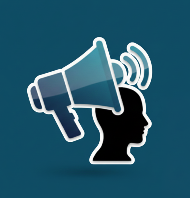 Silhouette of a person's head with a megaphone on top, emitting sound waves.