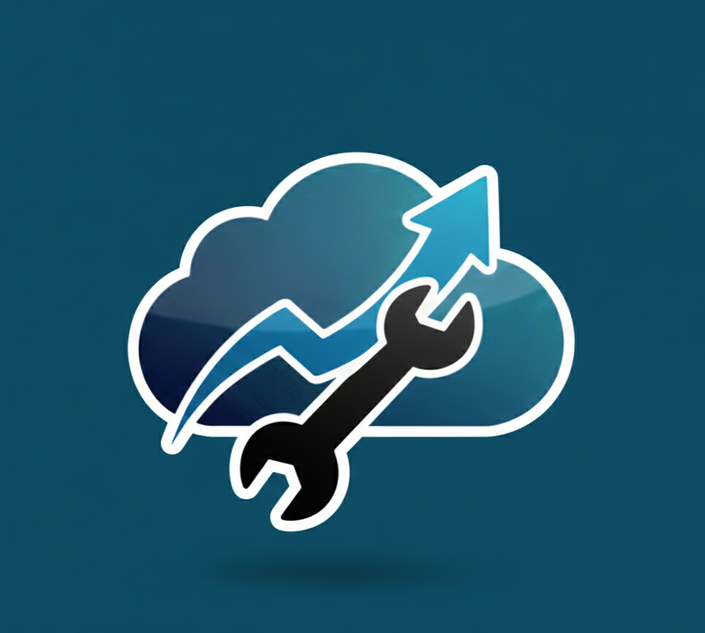 Cloud icon with an upward trending arrow and a wrench, symbolizing cloud service development or maintenance.
