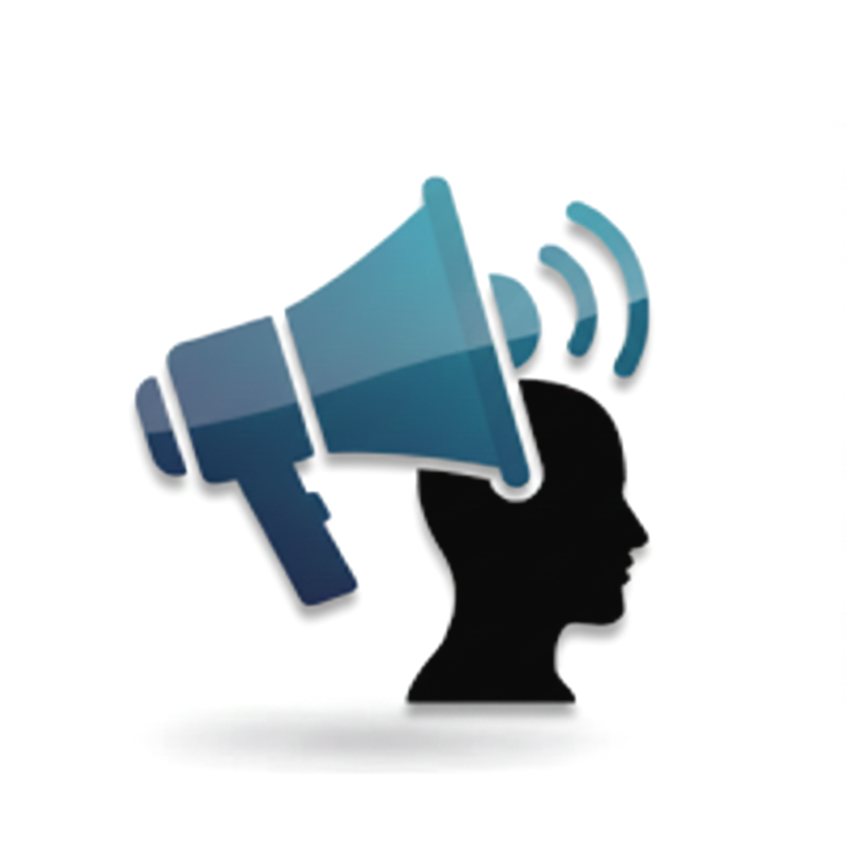 A silhouette of a person's head with a megaphone emanating sound waves over it, symbolizing communication or broadcasting.