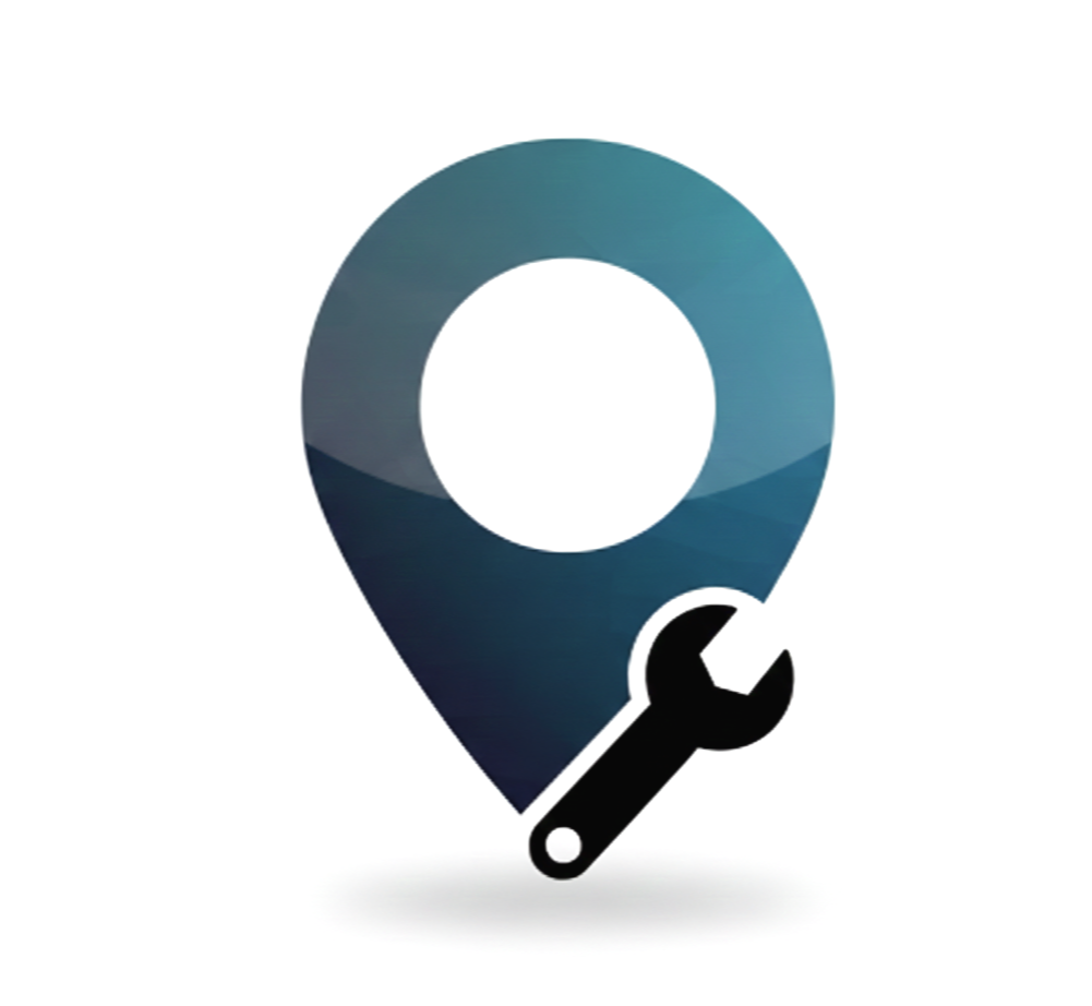 A location pin icon with a wrench, indicating repair or maintenance services.